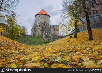 City Cesis, Latvia Republic. Old castle and rocks, autumn. Historic architecture. 12. okt.