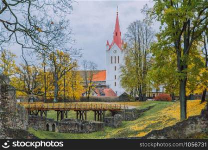 City Cesis, Latvia Republic. Old church and rocks, autumn. Historic architecture. 12. okt.