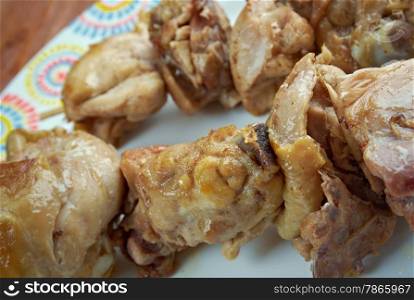 City chicken - cubes of meat placed on a wooden skewer.dish is popular eastern Great Lakes region of Ohio and Michigan of Pennsylvania and Upstate New York