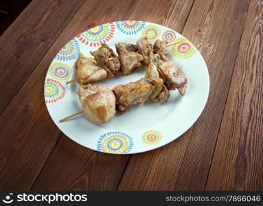 City chicken - cubes of meat placed on a wooden skewer.dish is popular eastern Great Lakes region of Ohio and Michigan of Pennsylvania and Upstate New York