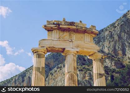 City Delphi. Greek Republic. Ancient Greek ruins and columns from ancient times. Walking tourists. 13. Sep. 2019.