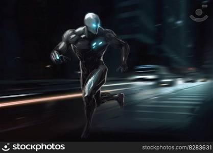 City futuristic robot run. Sport fast cyborg. Generate Ai. City futuristic robot run. Generate Ai