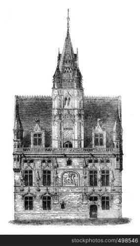City Hall Compiegne, after a drawing of exhibits at the 1841 show, vintage engraved illustration. Magasin Pittoresque 1841.