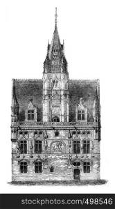City Hall Compiegne, after a drawing of exhibits at the 1841 show, vintage engraved illustration. Magasin Pittoresque 1841.