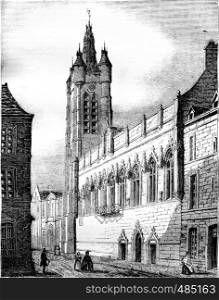 City Hall of Douai, Northern Department, vintage engraved illustration. Magasin Pittoresque 1836.