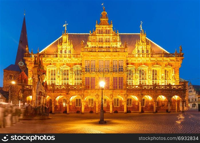 City Hall on Market Square in Bremen, Germany. Famous City Hall on the ancient Market Square in the centre of the Hanseatic City of Bremen at night, Germany
