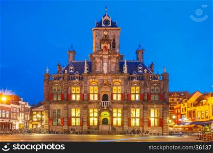 City Hall on the Markt square in the center of the old city at night, Delft, Holland, Netherlands