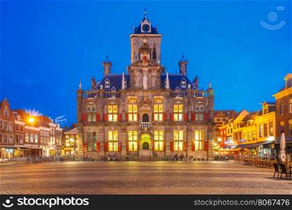 City Hall on the Markt square in the center of the old city at night, Delft, Holland, Netherlands