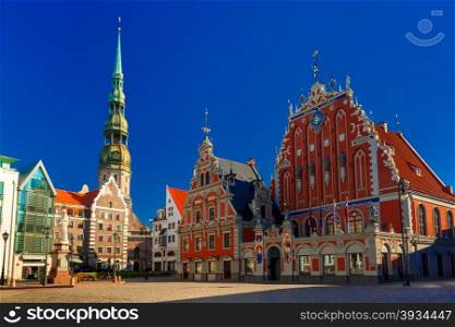 City Hall Square with House of the Blackheads, Saint Roland Statue and Saint Peter church in Old Town of Riga, Latvia