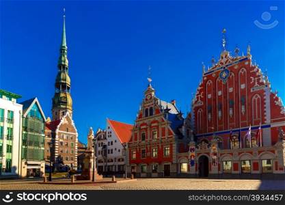City Hall Square with House of the Blackheads, Saint Roland Statue and Saint Peter church in Old Town of Riga, Latvia