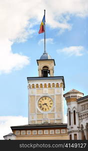 City hall watch tower in Chisinau, Moldova. Vertical panoram of 3 frames.. Watch tower in Chisinau