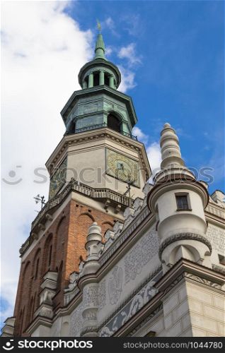 City Hall with a high spire in the city of Poznan. Poland