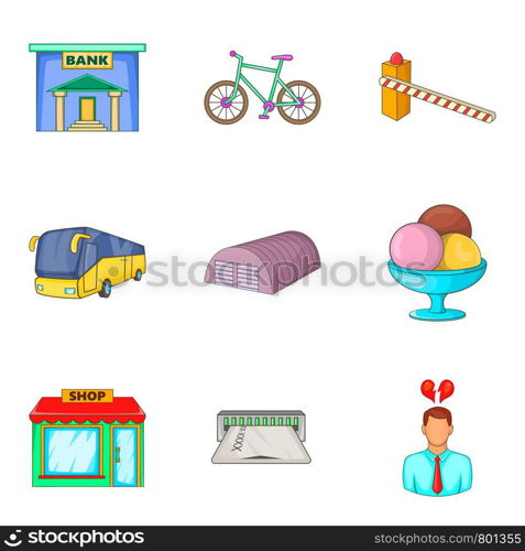 City icons set. Cartoon set of 9 city vector icons for web isolated on white background. City icons set, cartoon style