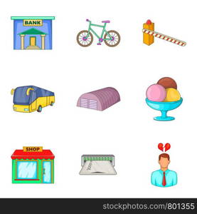 City icons set. Cartoon set of 9 city vector icons for web isolated on white background. City icons set, cartoon style