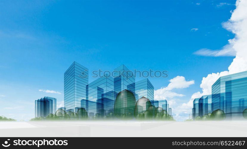 City in clouds 3d. City in clouds. Abstract 3d collage building background. City in clouds 3d