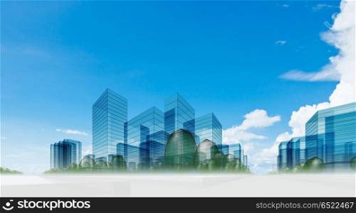 City in clouds 3d. City in clouds. Abstract 3d collage building background. City in clouds 3d