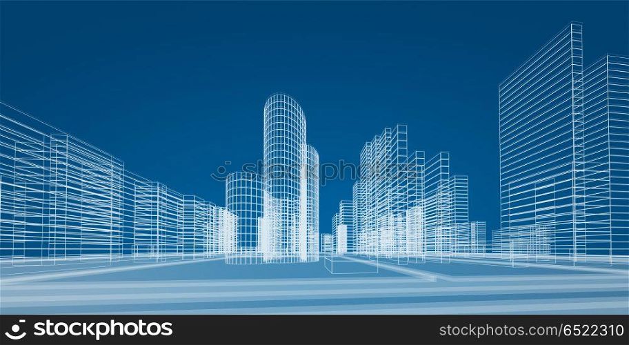 City in lines 3d rendering. City in lines. Abstract 3d rendering building background. City in lines 3d rendering