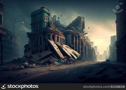 city in ruins after strong tremors and earthquake aftermath, created with generative ai. city in ruins after strong tremors and earthquake aftermath