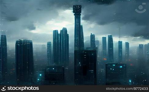 City in virtual reality, aerial view of cyberpunk city under storm clouds. City in virtual reality