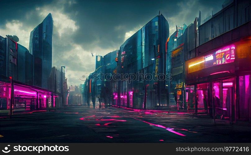 City in virtual reality, cyberpunk city street in neon lights, 3D illustration. City in virtual reality