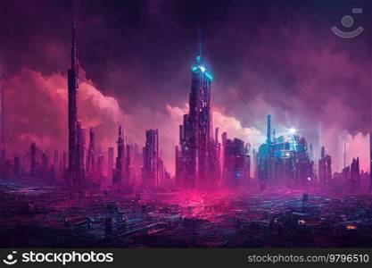 City in virtual reality, cyberpunk city street in neon lights. City in virtual reality
