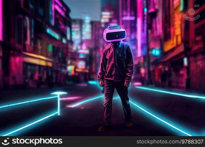 City in virtual reality, one man in virtual googles walking cyberpunk city street in neon lights. City in virtual reality