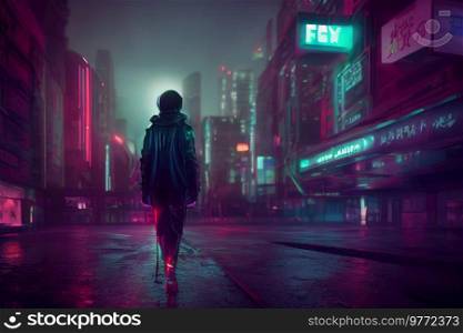 City in virtual reality, one woman walking cyberpunk city street in neon lights. City in virtual reality