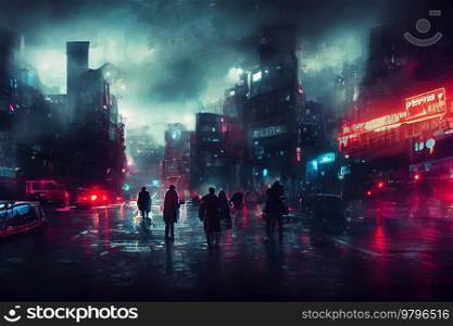 City in virtual reality, people walking cyberpunk city street in neon lights. City in virtual reality