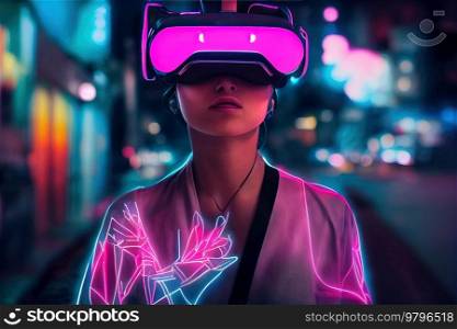 City in virtual reality, woman on cyberpunk city street in neon lights, illustration. City in virtual reality