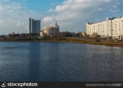 City landscape. View of the building of the bank Moscow-Minsk and the hotel Belarus