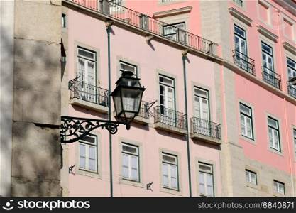 City lantern at European old town street, Lisbon, Portugal