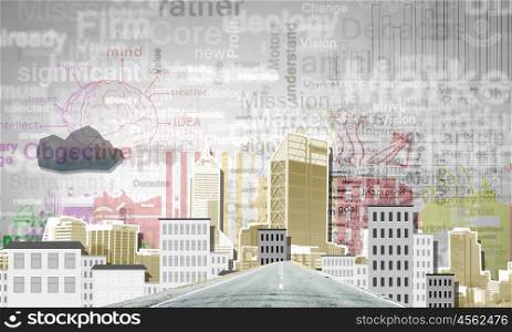 City life. Composite collage with modern city landmarks and buildings