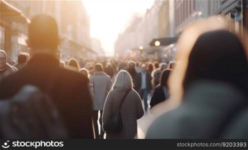 City Life in Motion. A Bokeh Blur of People Walking through the Busy Streets. Generative AI