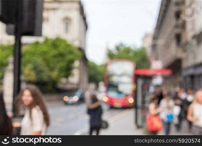 city life, public places and backgrounds concept - city street with people and transport in london