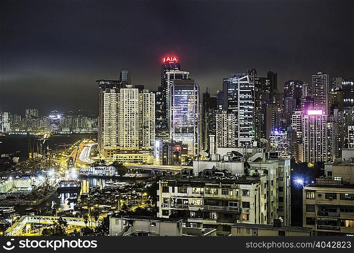 City lights at night, Hong Kong, China