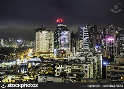 City lights at night, Hong Kong, China