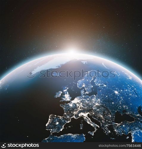 City lights Europe. Elements of this image furnished by NASA. 3d rendering. City lights Europe