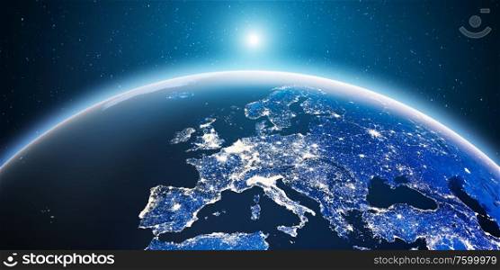 City lights Europe. Elements of this image furnished by NASA. 3d rendering. City lights Europe