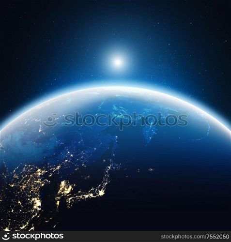 City lights Japan and East Russia. Elements of this image furnished by NASA. 3d rendering. City lights Japan and East Russia