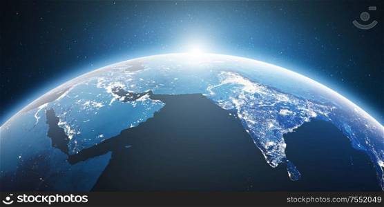 City lights Middle East and India. Elements of this image furnished by NASA. 3d rendering. City lights Middle East and India