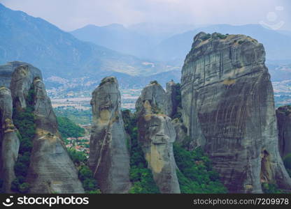 City Meteora, Greek Republic. Big mountains and places of worship and shrines. 12. Sep. 2019. Travel photo.