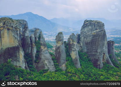 City Meteora, Greek Republic. Big mountains and places of worship and shrines. 12. Sep. 2019. Travel photo.