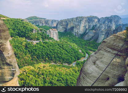 City Meteora, Greek Republic. Mountains and places of worship, church and shrines. 12. Sep. 2019. Travel photo.