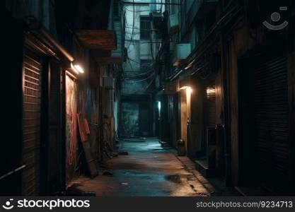 City narrow alley night light. Shadow wall. Generate Ai. City narrow alley night light. Generate Ai