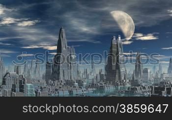 City of aliens against the sky, moon and clouds