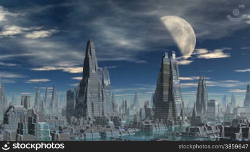 City of aliens against the sky, moon and clouds