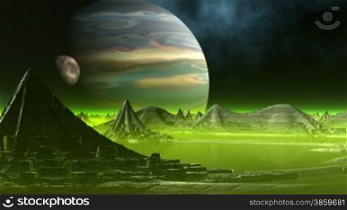City of aliens. In the star sky the planet and the companion rotates