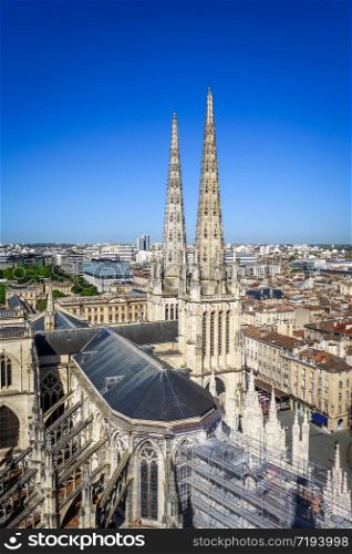 City of Bordeaux and Saint-Andre Cathedral Aerial view from the Pey-Berland tower, France. City of Bordeaux and Saint-Andre Cathedral Aerial view, France