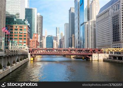 City of Chicago downtown and River with bridges