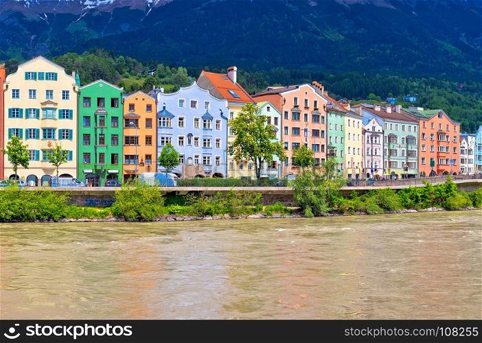 City of Innsbruck colorful Inn river waterfront panorama, Tyrol state of Austria